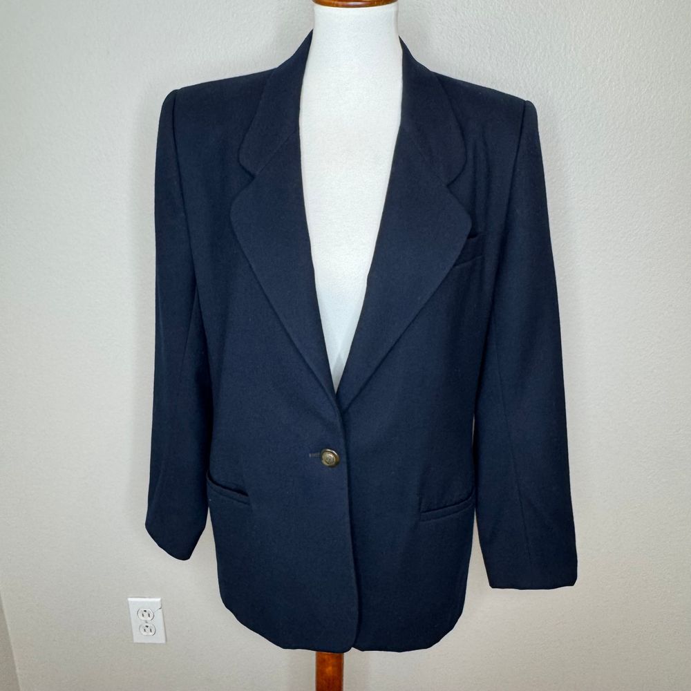TALBOTS PETITES Navy Wool Blazer 12P One Button Pockets‎ Wardrobe Staple Office